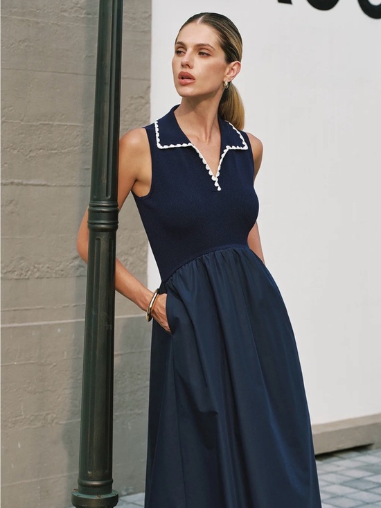 Commense Dresses & Skirts - Commense Sleeveless Collared Maxi Dress with Contrast Trim